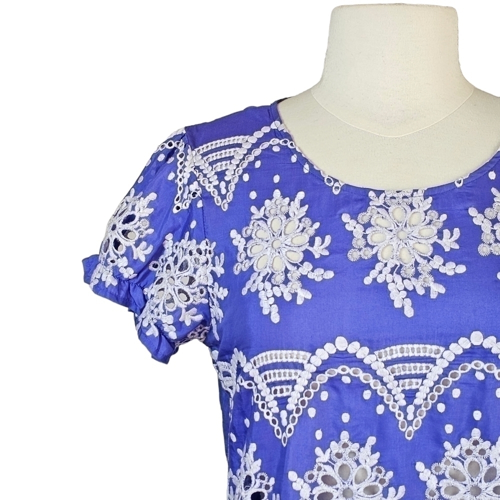 Witchery Silk Puff Sleeve Eyelet Purple Blue Top Size 10 - Picture 3 of 14
